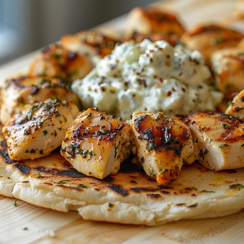 Close-up of Mediterranean chicken gyros with feta tzatziki sauce.