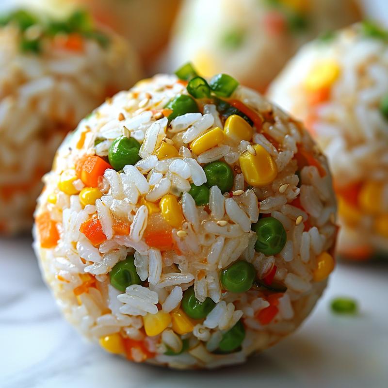Close-up of veggie rice balls with visible rice and vegetable pieces on white marble.