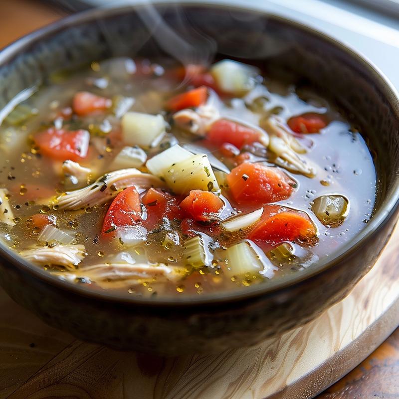 Steaming bowl of Mediterranean chicken soup with visible vegetables.