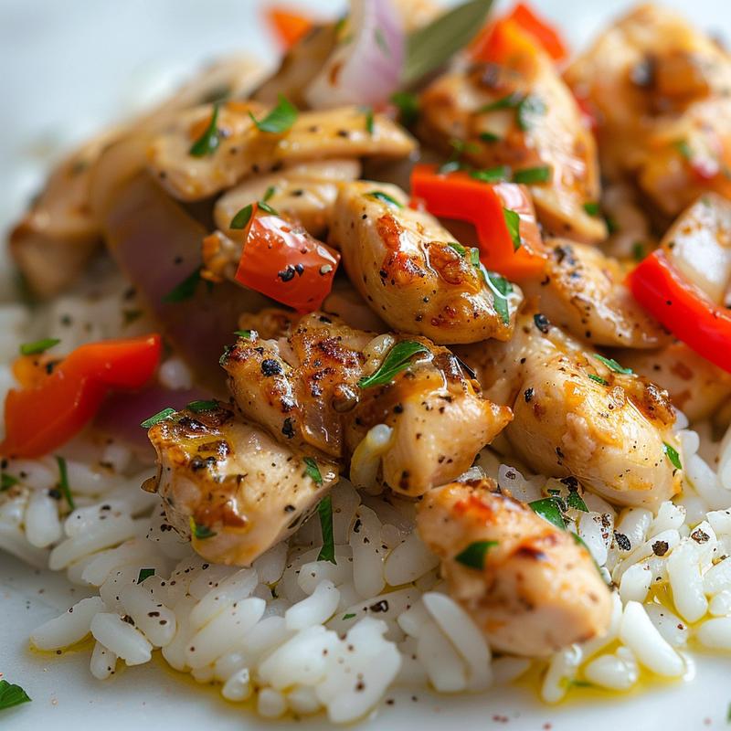 Close-up of Mediterranean chicken and rice on white marble.