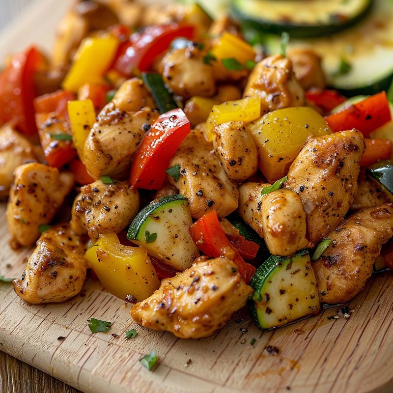 Close-up of Mediterranean chicken stir fry with chicken, bell peppers, and zucchini on a wood board.