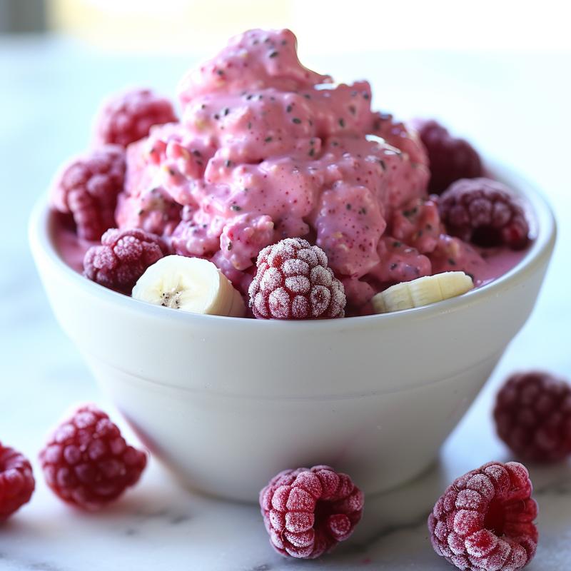 Close-up of a pink raspberry smoothie bowl.
