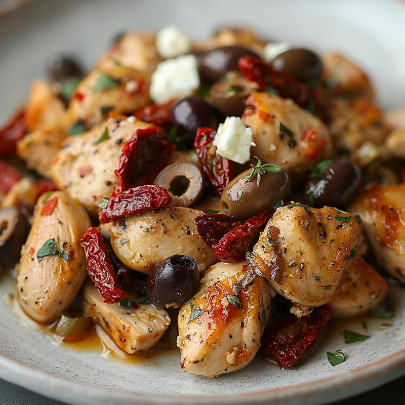 Close-up of Mediterranean chicken bake with sun-dried tomatoes, olives, and feta on a light grey plate.