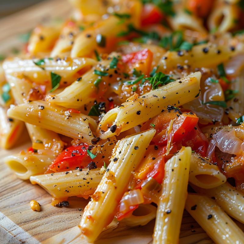 Close-up of a colorful Mediterranean vegetable pasta bake.