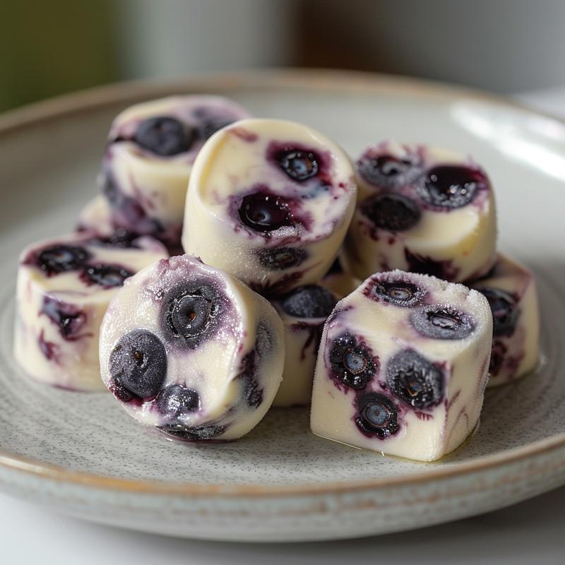 Close-up of blueberry swirl yogurt bites on a light grey plate.