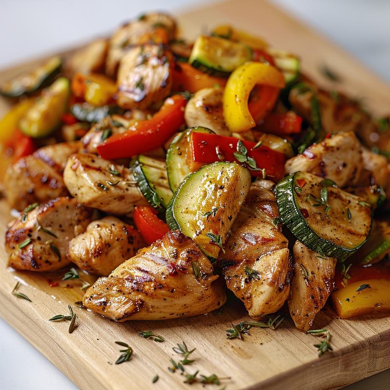Close-up of vibrant chicken stir-fry with peppers and zucchini.