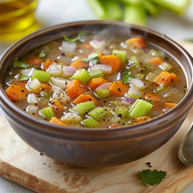 Steaming bowl of vegetable soup with visible ingredients, close-up view.
