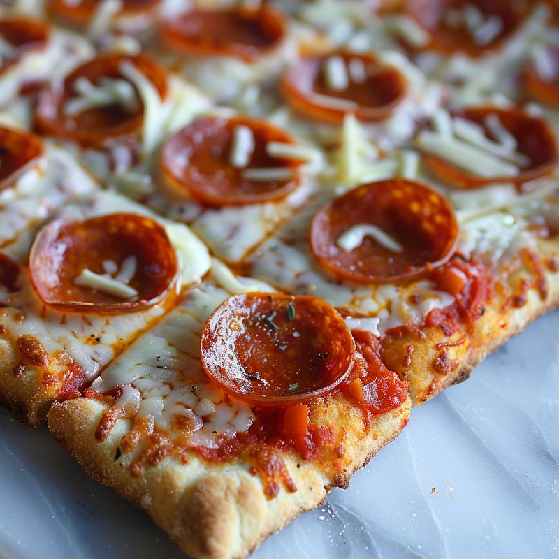 Close-up of a small, simply topped pizza on white marble.