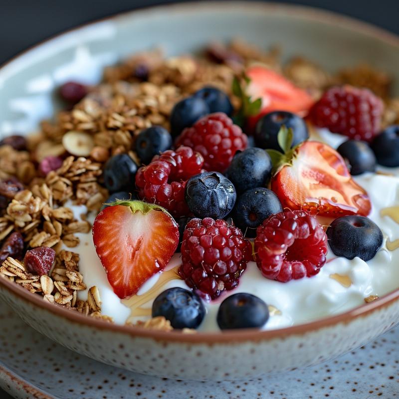 Close-up of yogurt granola bowl with berries and nuts on a grey plate.