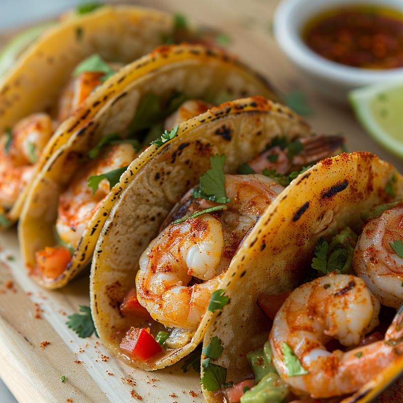 Close-up of vibrant shrimp tacos with visible spices.