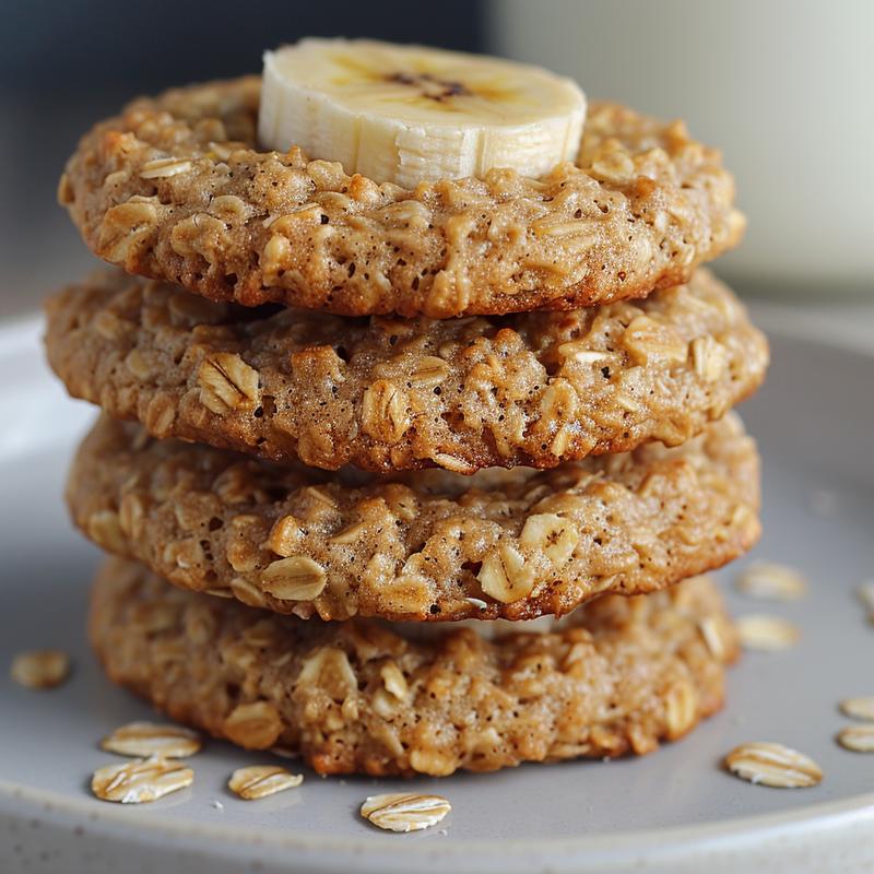 Stack of three oatmeal banana cookies on a grey plate, brightly lit.