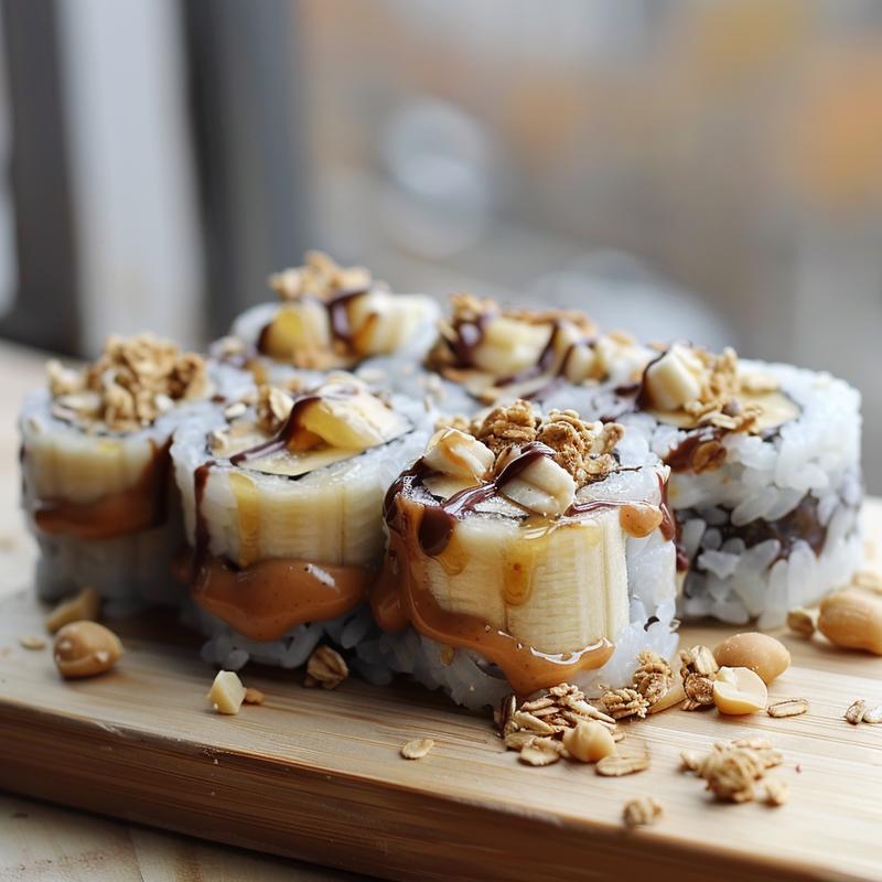 Close-up of banana sushi rolls on a wooden board.