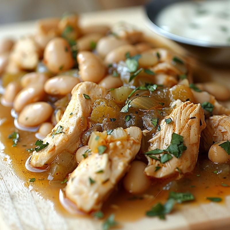 Close-up of creamy white chicken chili with visible beans and chicken.