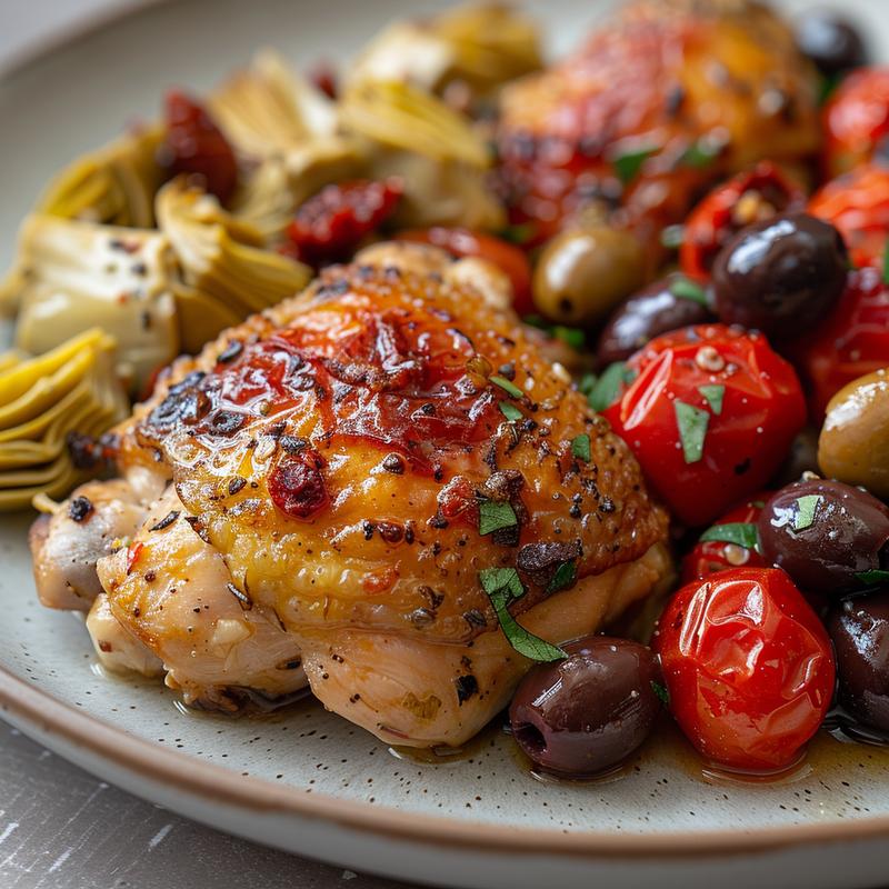 Close-up of Mediterranean chicken with tomatoes, olives, and artichoke hearts on a grey plate.