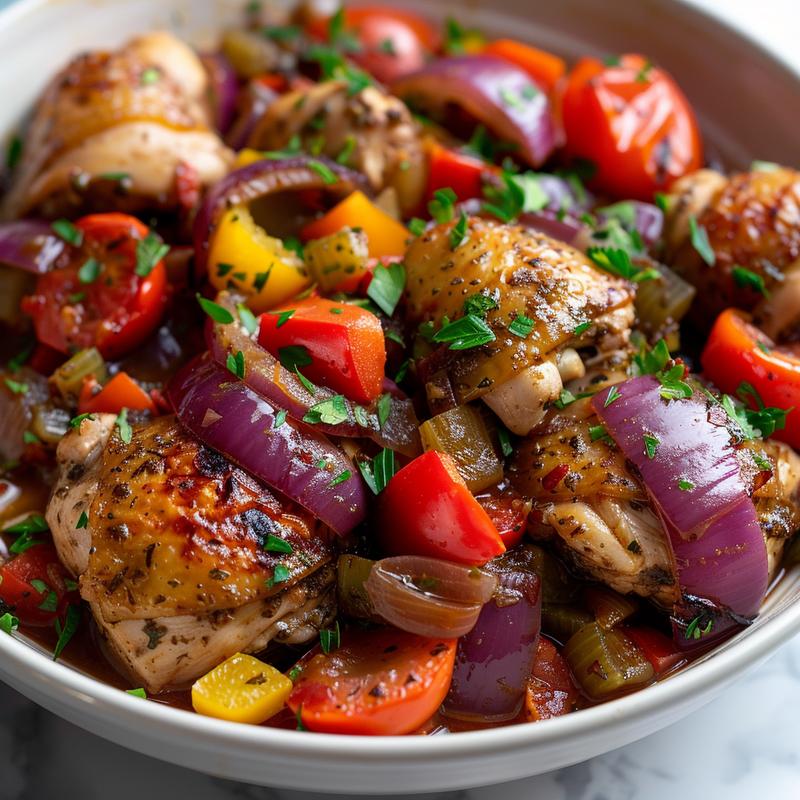 Close-up of slow cooker Greek chicken with visible vegetables on a white marble surface.