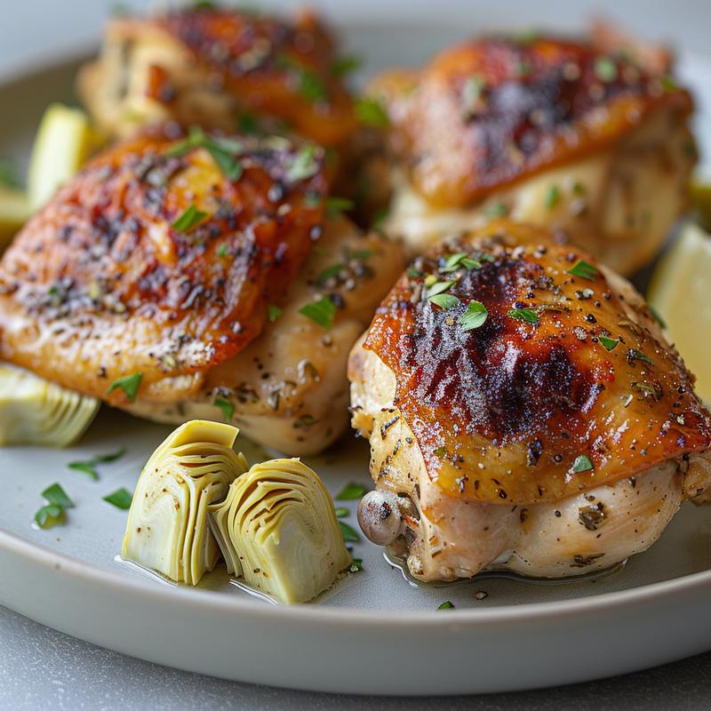 Close-up of crockpot Greek chicken with visible artichoke hearts on a gray plate.