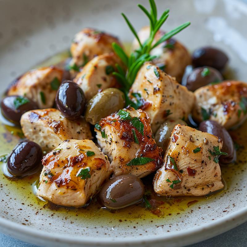 Close-up of Greek chicken with olives on a gray plate.