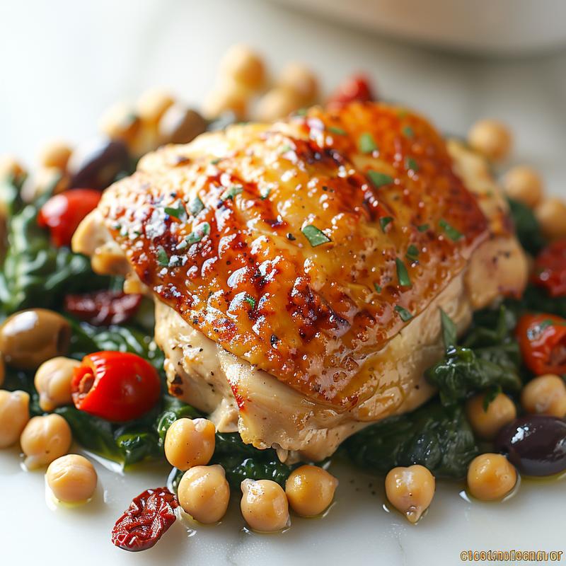 Close-up of Mediterranean chicken with feta and spinach in a white bowl.