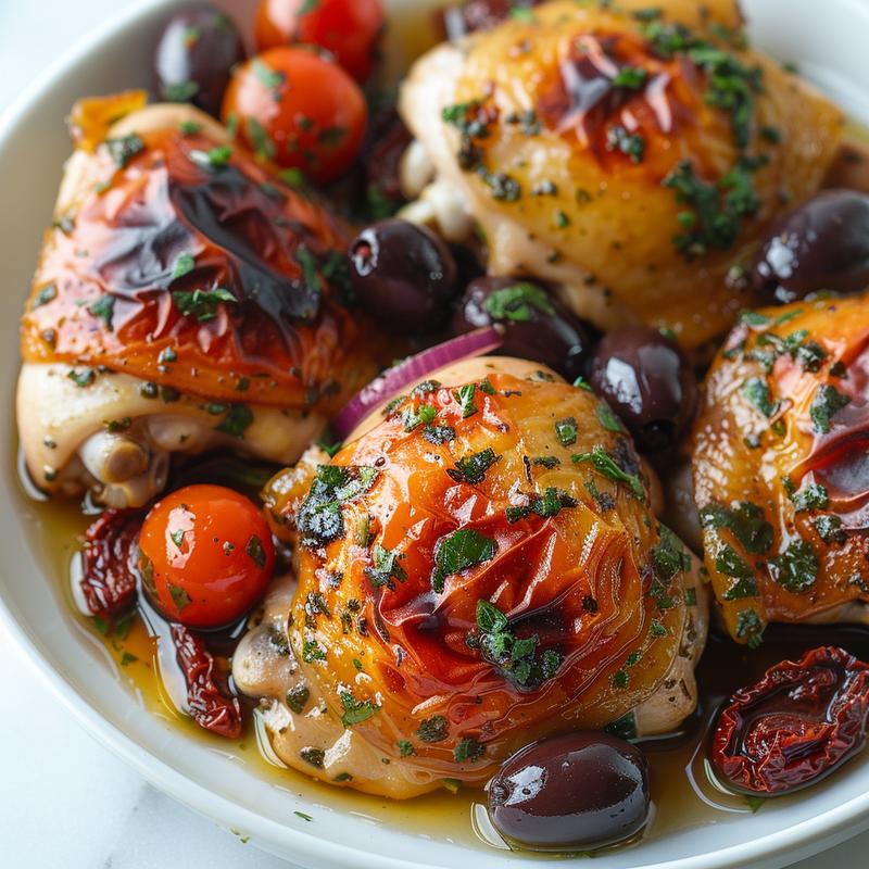 Close-up of Mediterranean chicken in a white bowl.