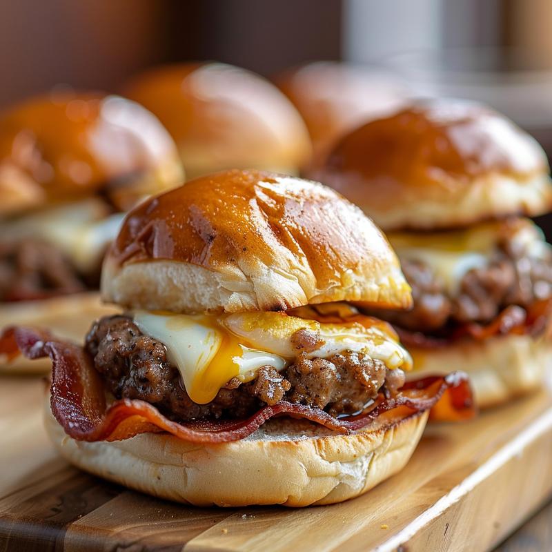 Close-up of stacked breakfast sliders with sausage, cheese, bacon, and egg on Hawaiian rolls.