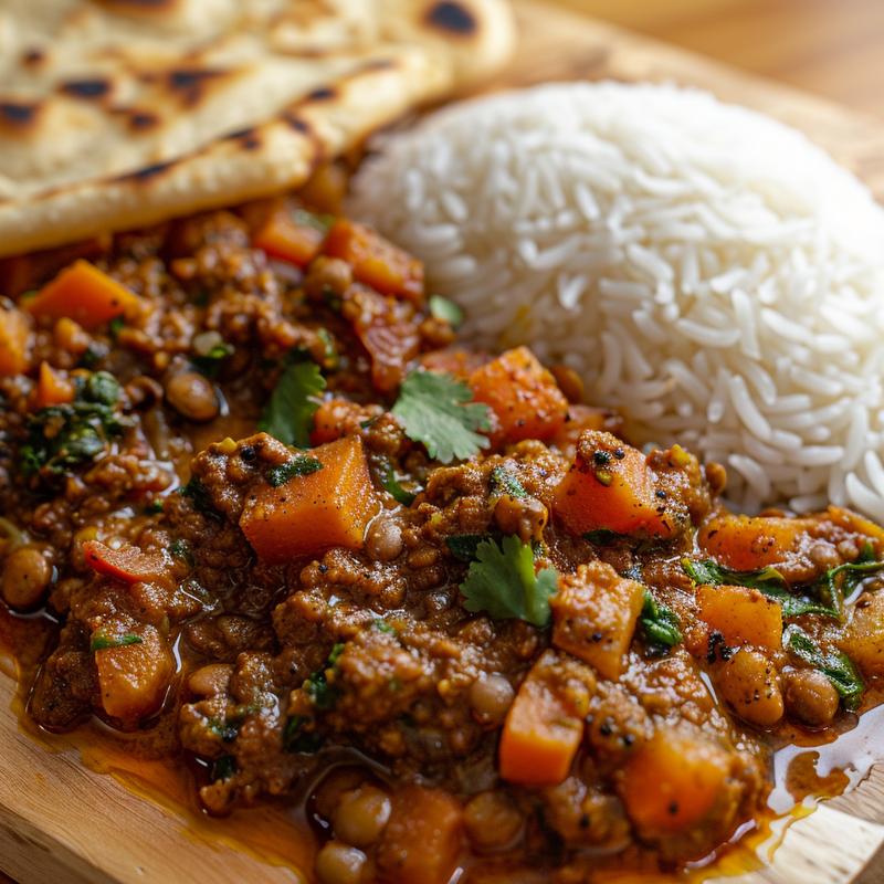 Close-up of a vibrant Punjabi tiffin with visible lentils, vegetables, and spices.