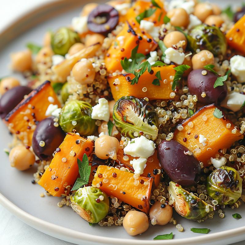 Close-up of a quinoa bowl with roasted winter vegetables, feta, and olives.