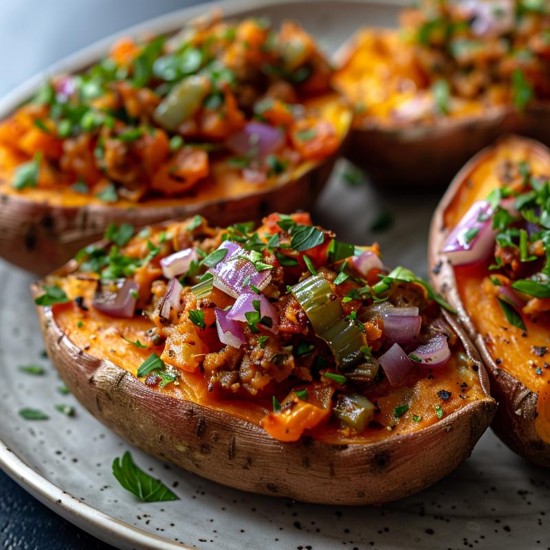 Close-up of a vibrant Mediterranean stuffed sweet potato on a grey ceramic plate.