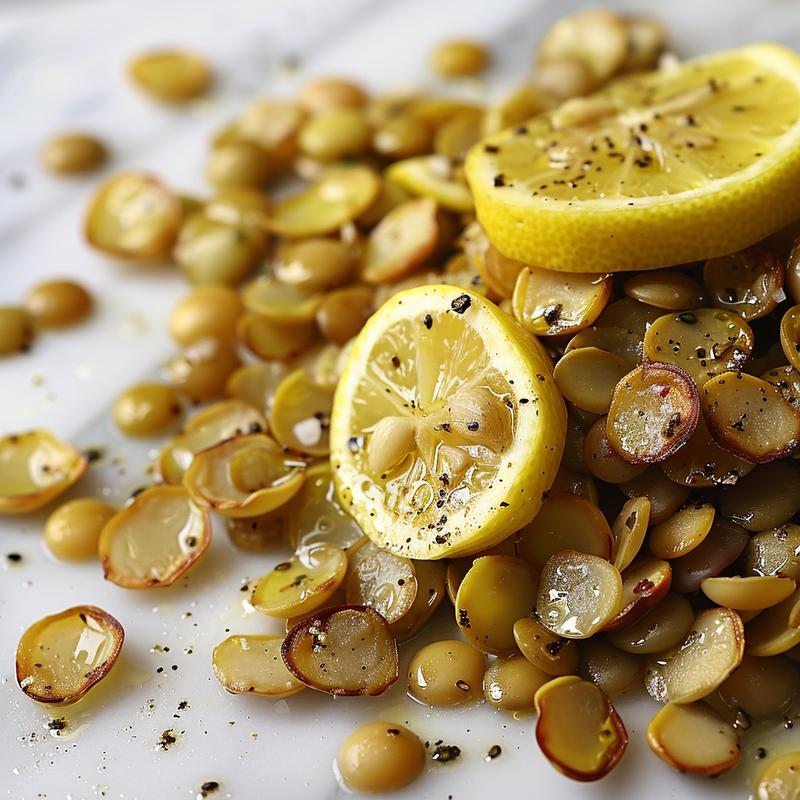 Close-up of Mediterranean lentil salad with visible lemon, garlic, and spices on white marble.