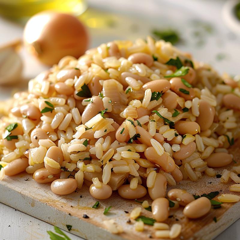 Close-up of Mediterranean rice and beans with visible ingredients on a light wood board.