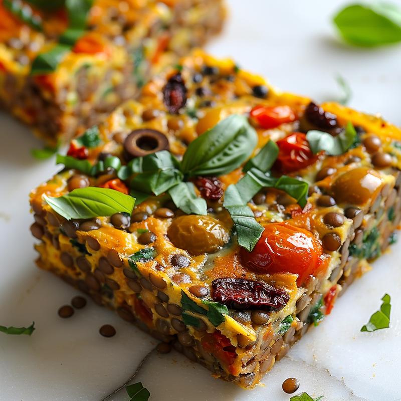 Close-up of a vegan lentil frittata with visible lentils, tomatoes, and olives on marble.