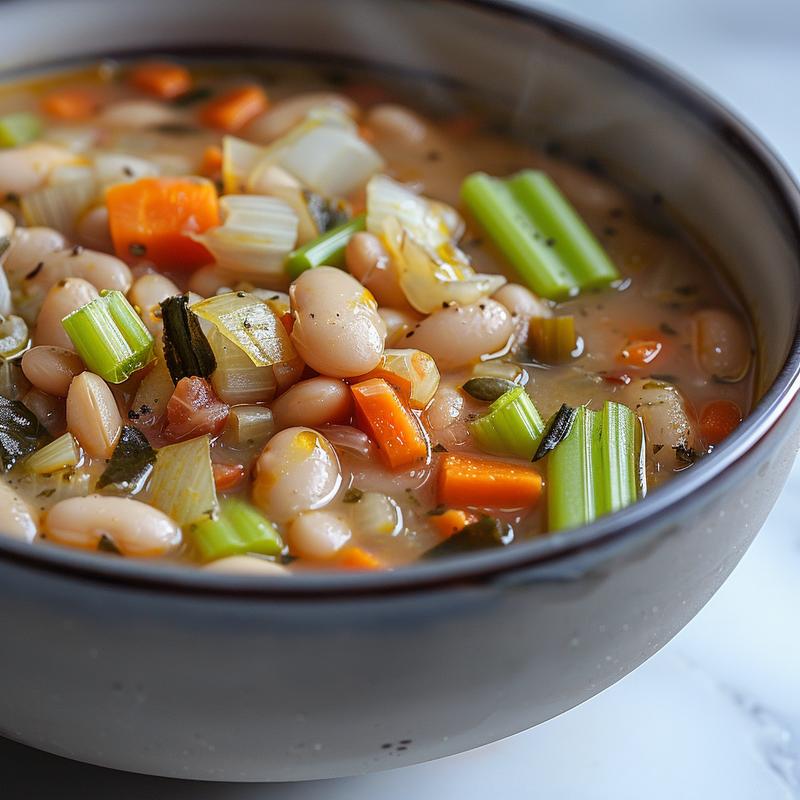 Close-up of white bean soup with visible vegetables on marble.