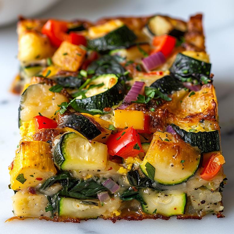 Close-up of Mediterranean vegetable casserole with visible red pepper, zucchini, and spinach.