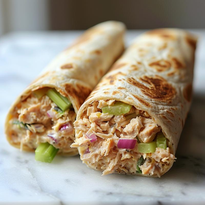 Close-up of a tuna melt wrap showing tuna, celery, and onion.