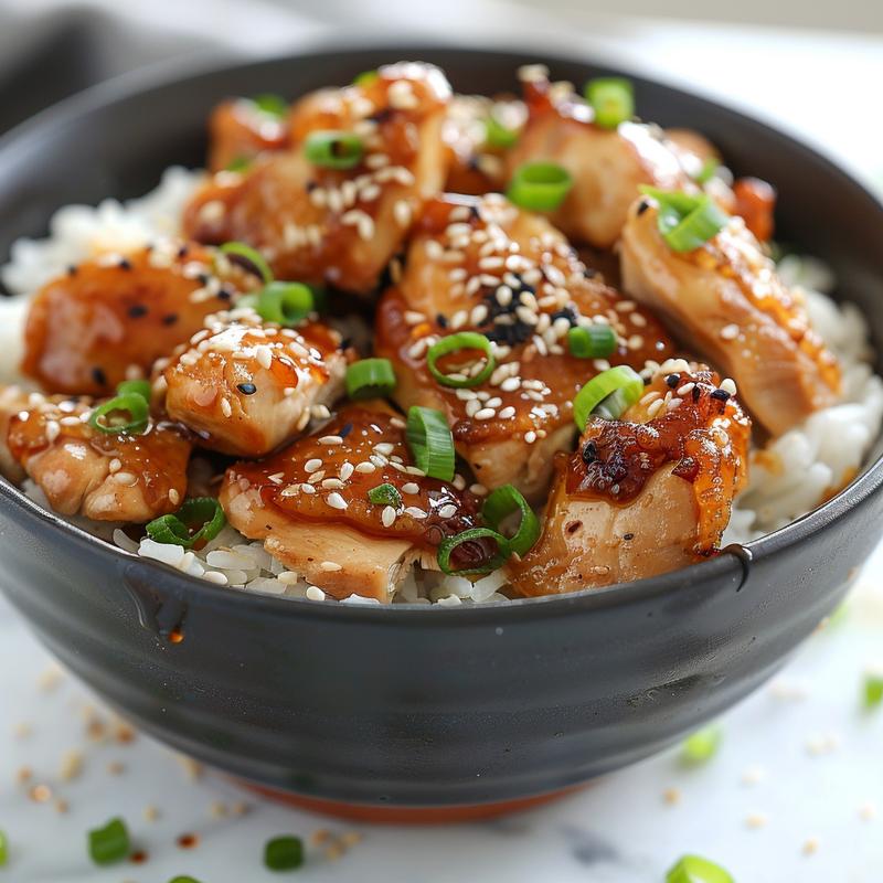 Close-up of glossy, sticky chicken pieces on a bed of white rice.