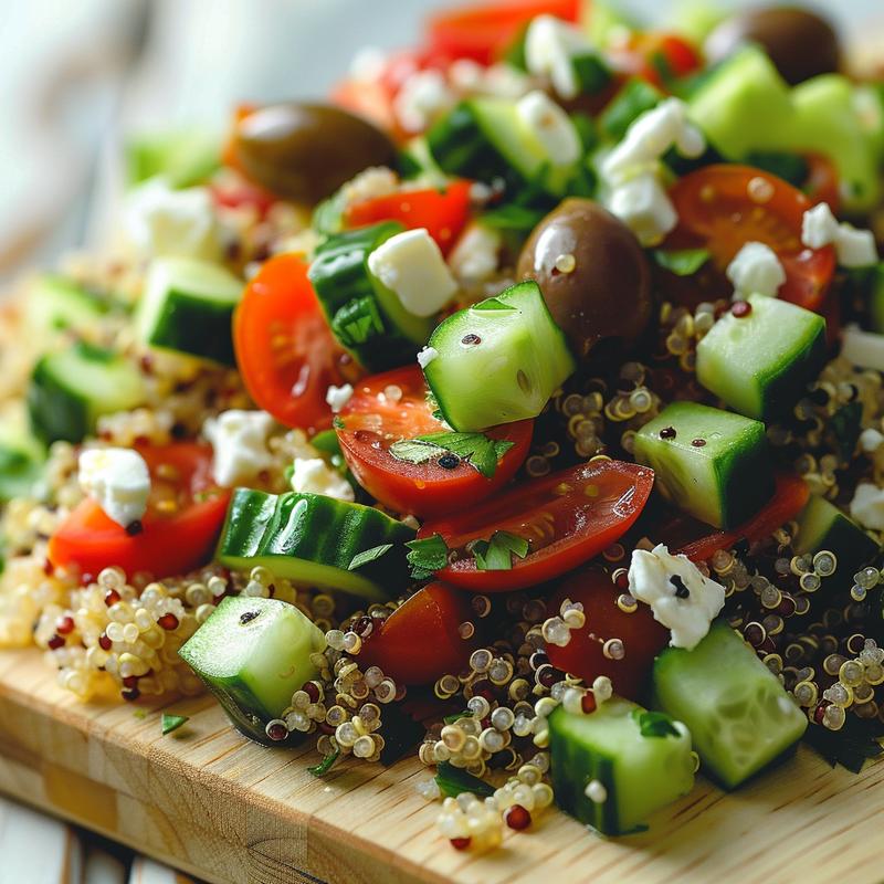 Close-up of a Mediterranean diet meal: quinoa, cucumber, tomato, olives, and feta on wood.