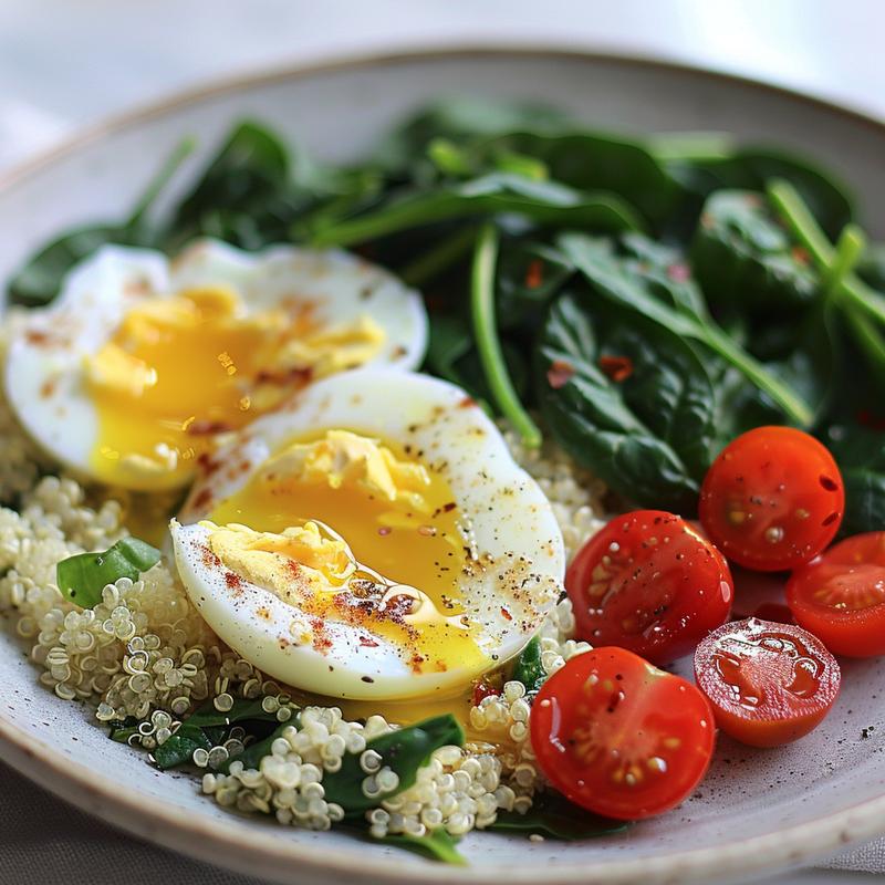 Close-up of a Mediterranean breakfast bowl with quinoa, eggs, spinach, tomatoes, and olive oil on a light grey plate.