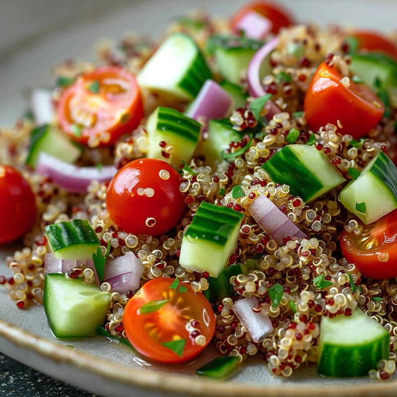 Close-up of Mediterranean quinoa bowl with visible quinoa, vegetables, and light grey plate.