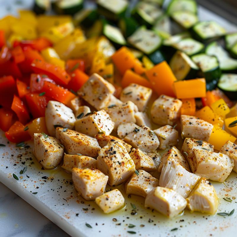 Close-up of Mediterranean meal prep with chicken, peppers, and zucchini.