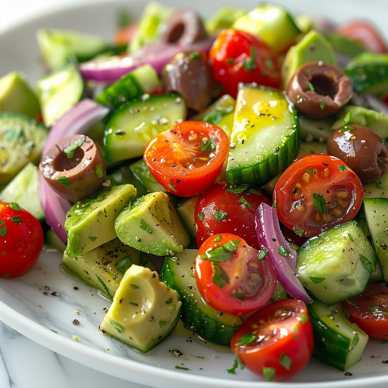 Close-up of a vibrant avocado salad with diced avocado, cucumber, red onion, tomatoes, and olives on white marble.