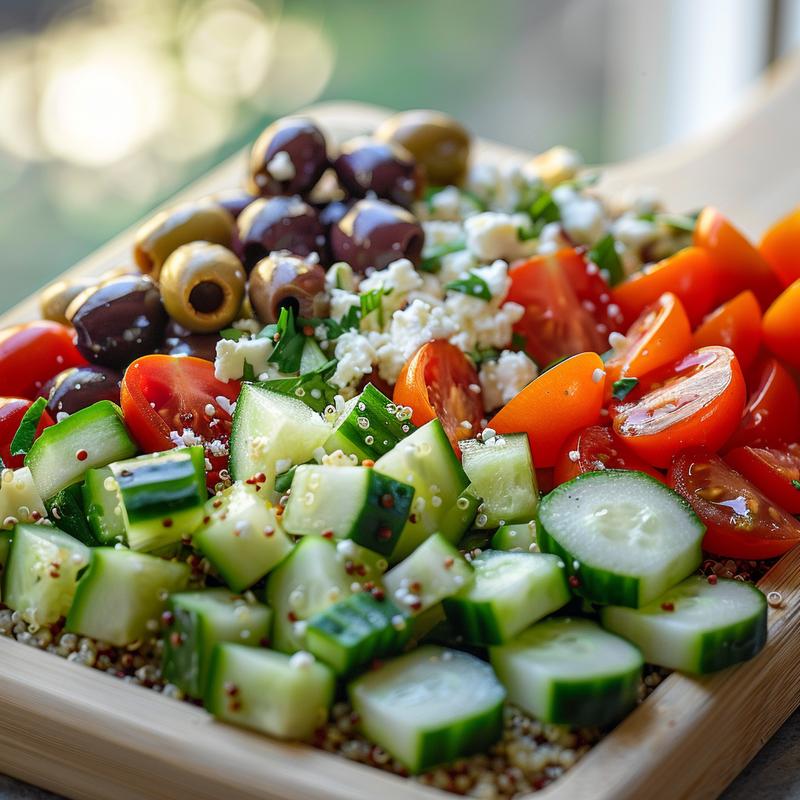 Close-up of a Mediterranean meal prep lunch box featuring quinoa, cucumber, tomatoes, olives, and feta on a light wood board.
