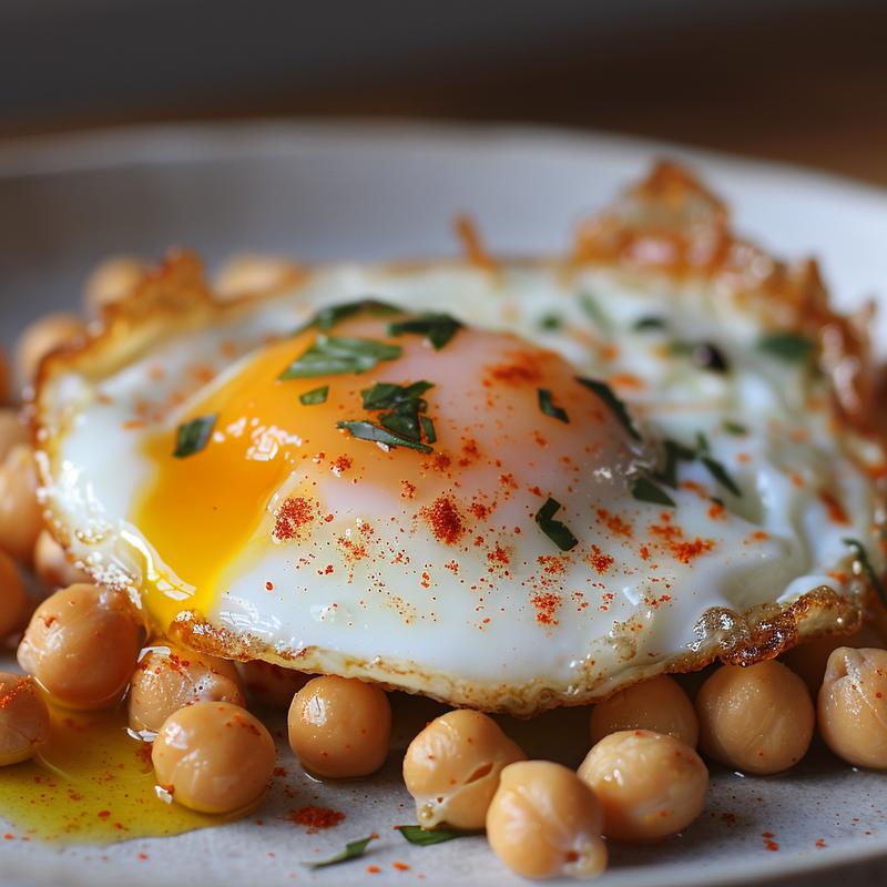 Close-up of chickpea fried eggs on a light grey plate.
