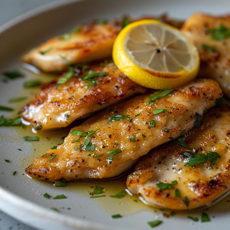 Close-up of chicken piccata with lemon sauce on a grey plate.