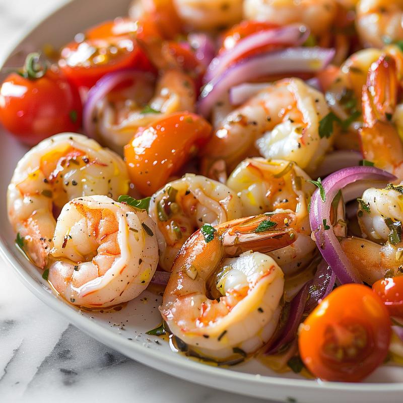 Close-up of Mediterranean shrimp skillet with shrimp, tomatoes, and red onion on white marble.