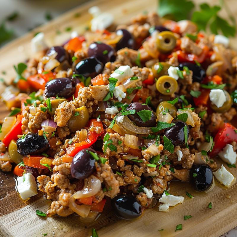 Close-up of a Mediterranean ground chicken skillet with olives and feta on a light wood board.
