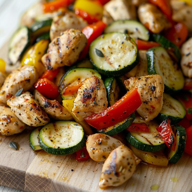 Close-up of chicken stir-fry with peppers and zucchini on wood.
