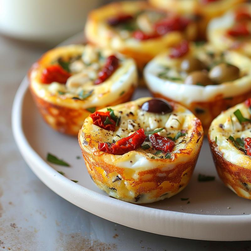 Close-up of Mediterranean egg muffin on a grey plate.