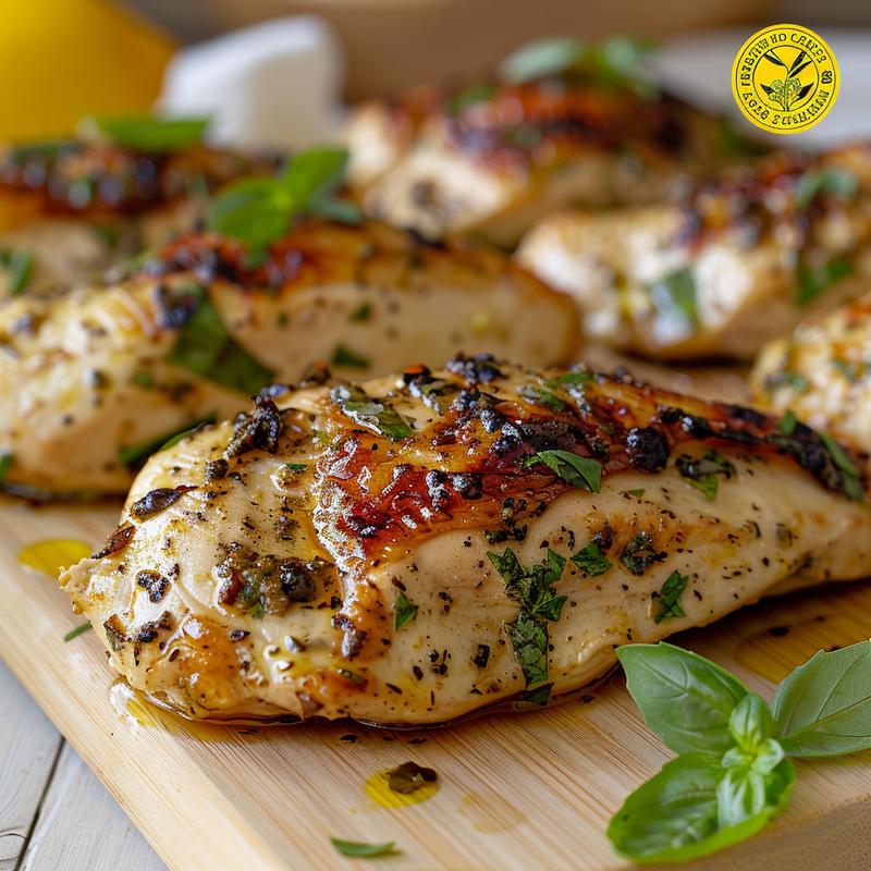 Close-up of Mediterranean keto chicken bake with visible herbs and lemon.