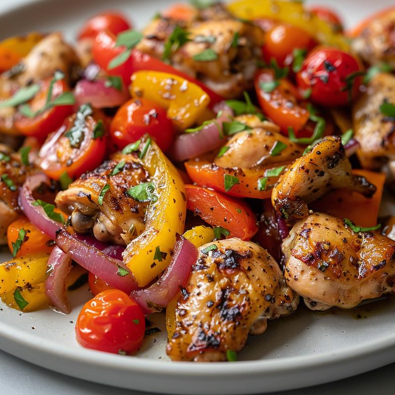 Close-up of Mediterranean chicken and vegetables on a light grey plate.