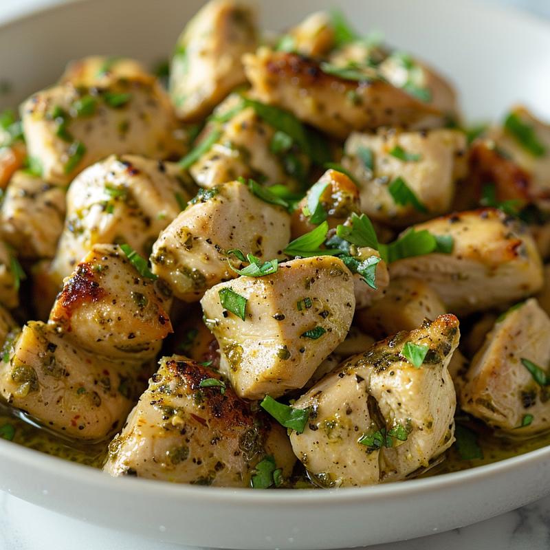 Close-up of Greek chicken bowl with visible ingredients on marble.