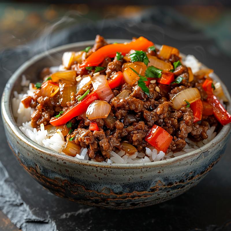 Close-up of spicy ground beef stir fry with garlic vegetables and rice.